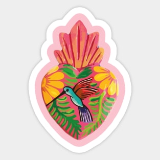 Mexican folk art sacred heart Oaxacan wood carving hand painted flower hummingbird milagrito bold pink decoration Sticker